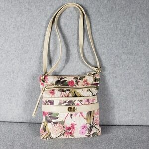 Floral Crossbody Bag Cream Pink Green Tan Adjustable Strap Zip Closure Whimsical